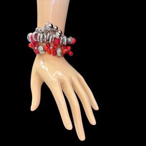 Bohemian Chunky Beaded Stackable Stretch Charm Bracelet Paris Red 2 Piece Set